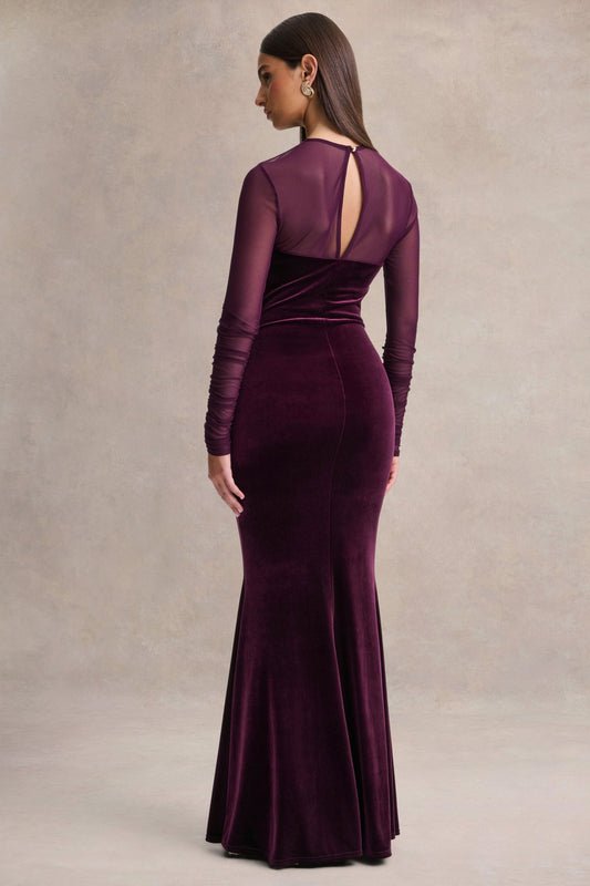 Cambria | Vestido largo de terciopelo ciruela con cuello alto y drapeado