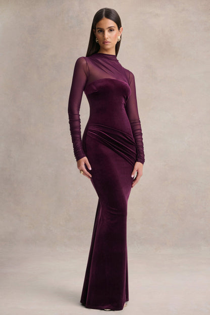 Cambria | Vestido largo de terciopelo ciruela con cuello alto y drapeado