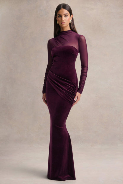 Cambria | Vestido largo de terciopelo ciruela con cuello alto y drapeado