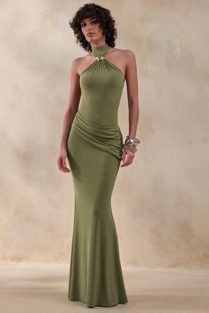 Polina | Vestido largo verde oliva de cuello alto con drapeado y detalle dorado