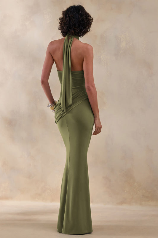 Polina | Vestido largo verde oliva de cuello alto con drapeado y detalle dorado