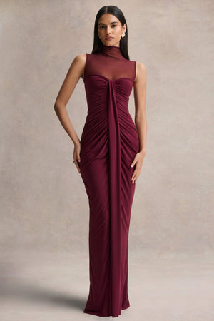 Brialle | Vestido Largo Burdeos de Cuello Alto con Malla y Fruncidos
