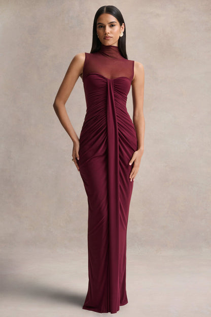 Brialle | Vestido Largo Burdeos de Cuello Alto con Malla y Fruncidos