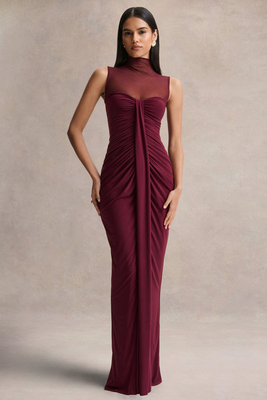 Brialle | Vestido Largo Burdeos de Cuello Alto con Malla y Fruncidos