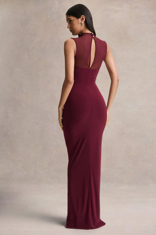 Brialle | Vestido Largo Burdeos de Cuello Alto con Malla y Fruncidos