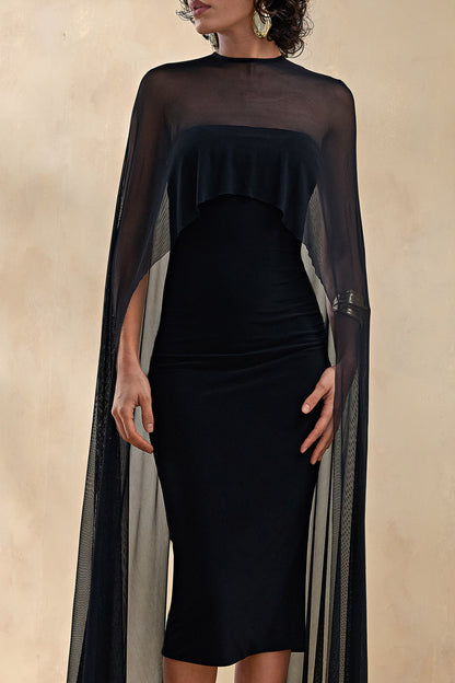 Filippa | Vestido midi de terciopelo negro con escote redondo y mangas capa transparentes