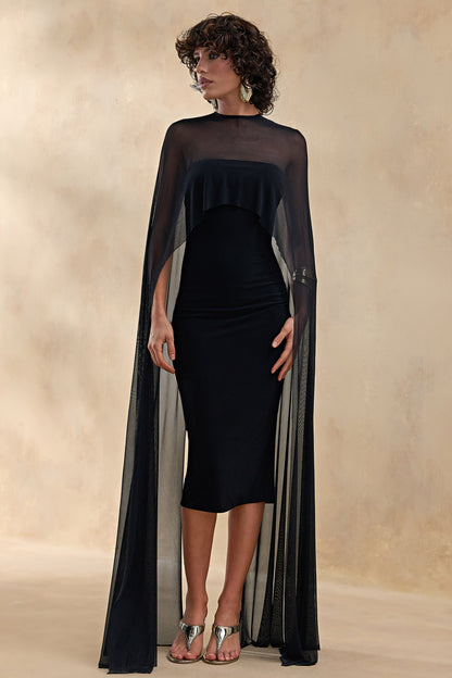Filippa | Vestido midi de terciopelo negro con escote redondo y mangas capa transparentes
