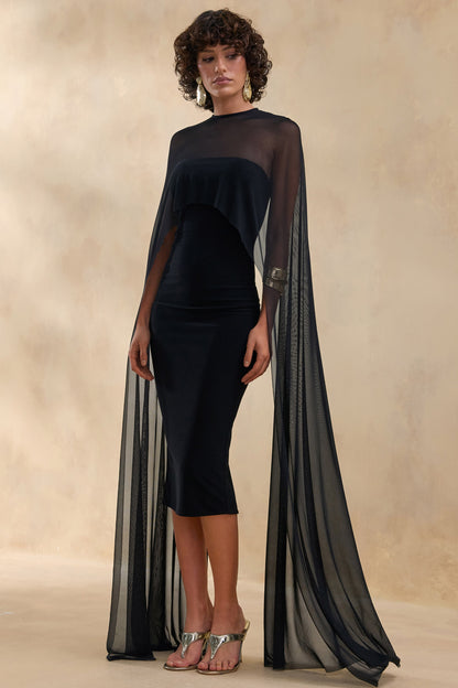 Filippa | Vestido midi de terciopelo negro con escote redondo y mangas capa transparentes