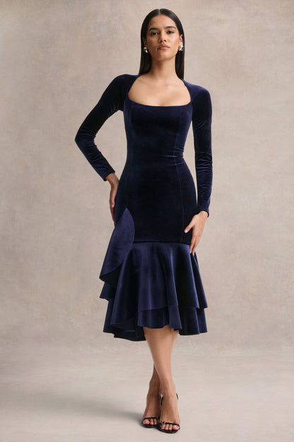 Emberlyn | Vestido midi de terciopelo azul marino con escote redondo y bajo cola de pez