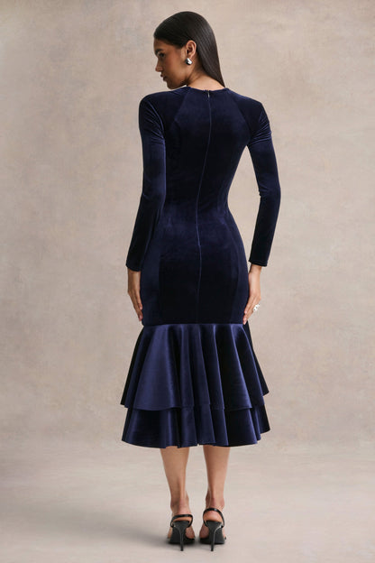Emberlyn | Vestido midi de terciopelo azul marino con escote redondo y bajo cola de pez