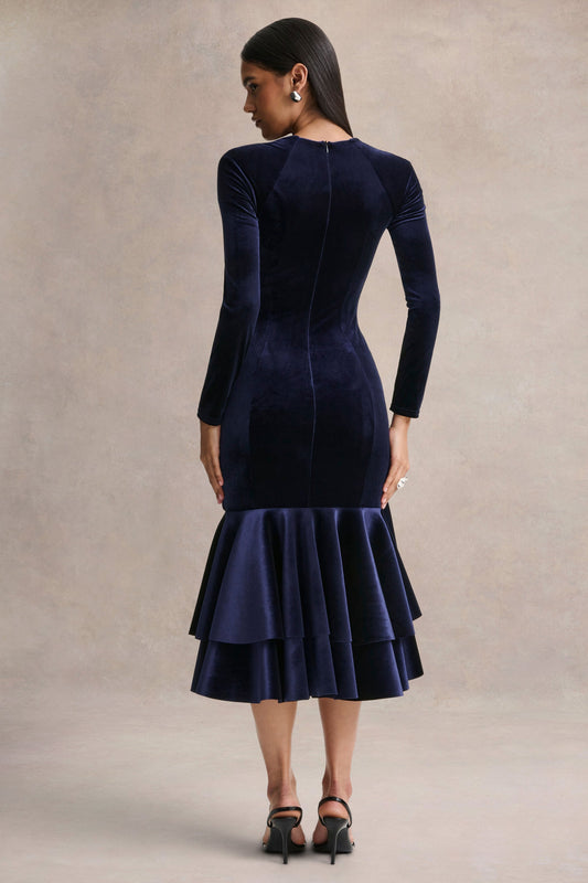 Emberlyn | Vestido midi de terciopelo azul marino con escote redondo y bajo cola de pez
