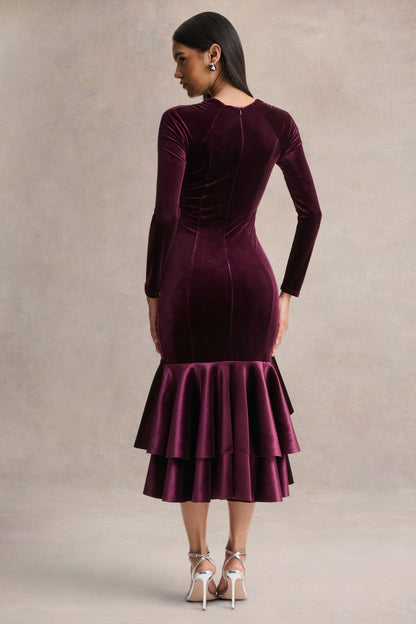 Emberlyn |  Vestido midi de terciopelo Burdeos con escote redondo y bajo cola de pez
