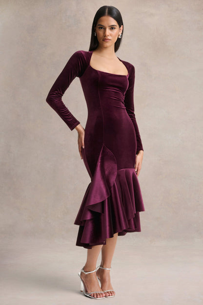 Emberlyn |  Vestido midi de terciopelo Burdeos con escote redondo y bajo cola de pez