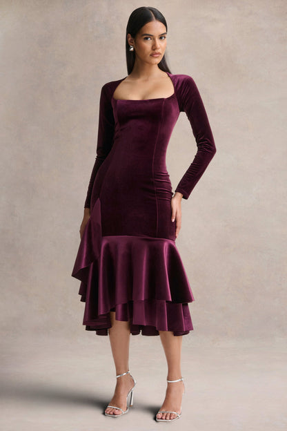 Emberlyn |  Vestido midi de terciopelo Burdeos con escote redondo y bajo cola de pez