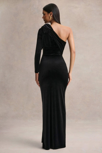 Farryn | Vestido Largo Negro con Escote Asimétrico y Detalle de Lazo