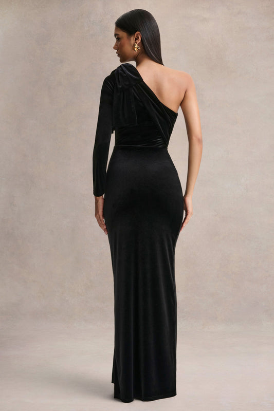 Farryn | Vestido Largo Negro con Escote Asimétrico y Detalle de Lazo