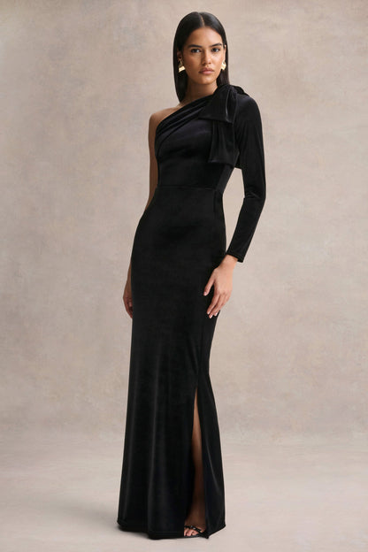 Farryn | Vestido Largo Negro con Escote Asimétrico y Detalle de Lazo