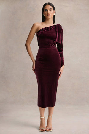 Vespera | Vestido Midi de Terciopelo Burdeos con Escote Asimétrico y Detalle de Lazo