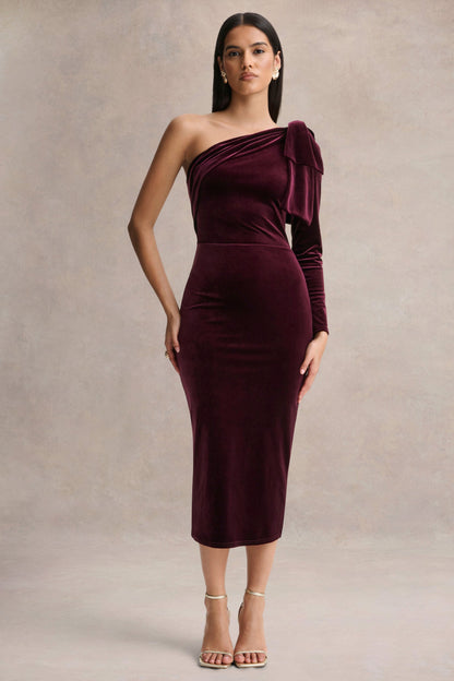 Vespera | Vestido Midi de Terciopelo Burdeos con Escote Asimétrico y Detalle de Lazo