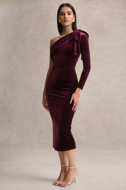 Vespera | Vestido Midi de Terciopelo Burdeos con Escote Asimétrico y Detalle de Lazo