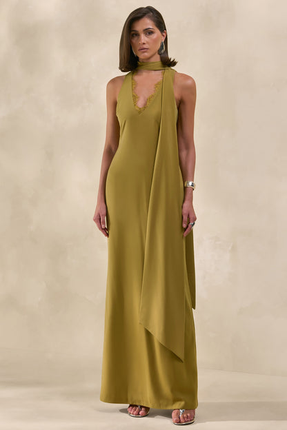 True Icon | Vestido Largo Verde Oliva De Satén Con Cuello Alto Y Chal