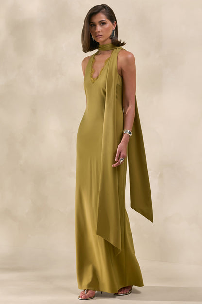 True Icon | Vestido Largo Verde Oliva De Satén Con Cuello Alto Y Chal