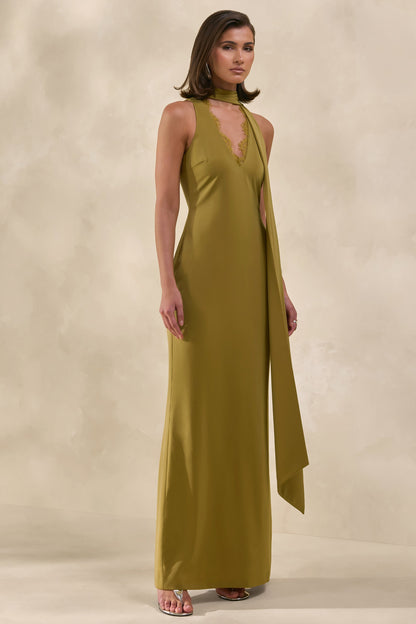 True Icon | Vestido Largo Verde Oliva De Satén Con Cuello Alto Y Chal
