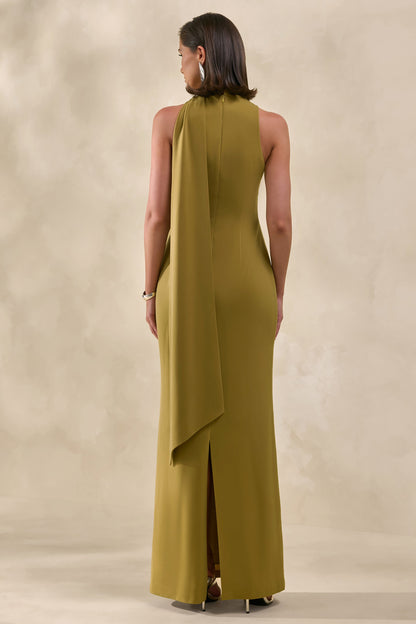 True Icon | Vestido Largo Verde Oliva De Satén Con Cuello Alto Y Chal