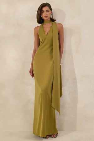 True Icon | Vestido Largo Verde Oliva De Satén Con Cuello Alto Y Chal