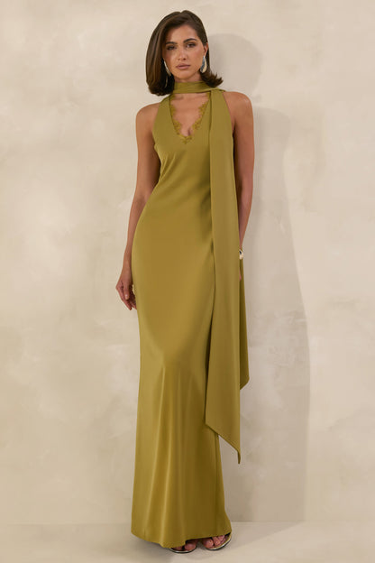 True Icon | Vestido Largo Verde Oliva De Satén Con Cuello Alto Y Chal