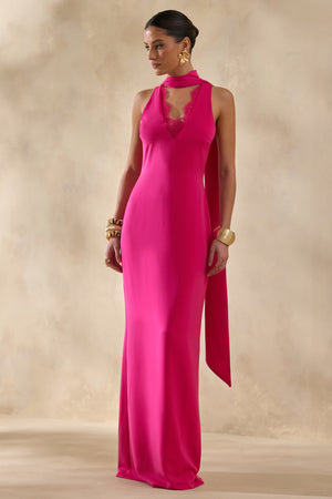 True Icon | Vestido Largo Lencero Fucsia De Satén Con Cuello Alto Y Banda