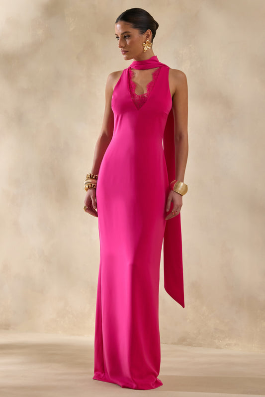 True Icon | Vestido Largo Lencero Fucsia De Satén Con Cuello Alto Y Banda