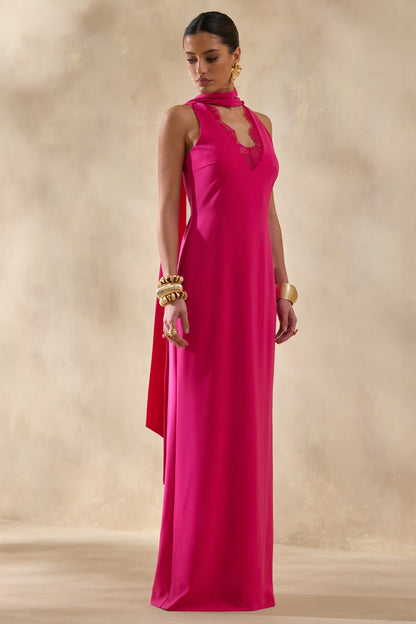 True Icon | Vestido Largo Lencero Fucsia De Satén Con Cuello Alto Y Banda