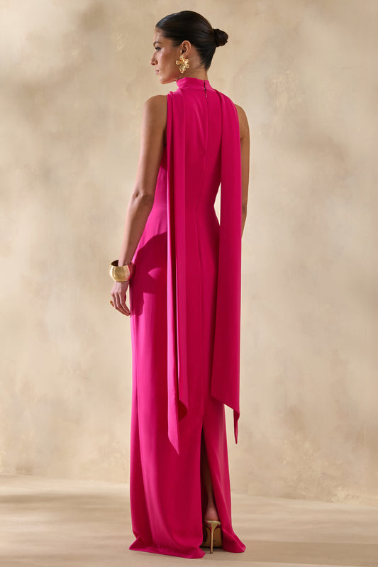 True Icon | Vestido Largo Lencero Fucsia De Satén Con Cuello Alto Y Banda