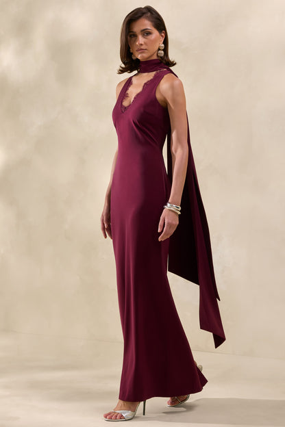 True Icon | Vestido Largo Burgundy De Satén Con Cuello Alto Y Chal