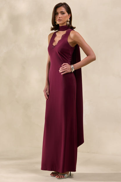 True Icon | Vestido Largo Burgundy De Satén Con Cuello Alto Y Chal