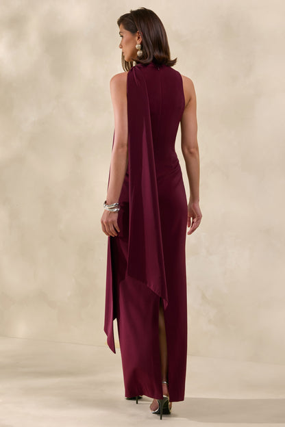 True Icon | Vestido Largo Burgundy De Satén Con Cuello Alto Y Chal