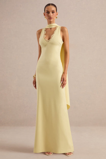 True Icon | Vestido Largo Lencero Amarillo Limón De Satén Con Cuello Alto Y Fular