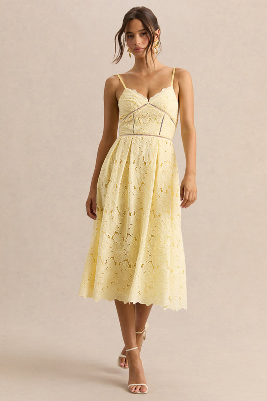 Nicoline | Vestido Midi Limón De Encaje Con Escote Corazón Y Tirantes Finos