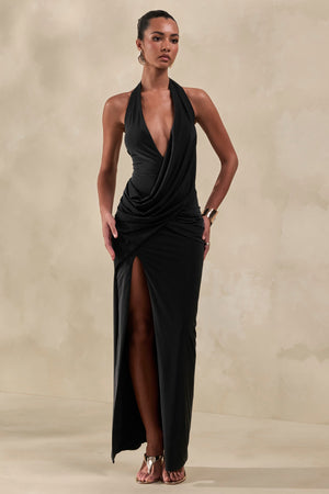 Junia | Vestido Largo Negro de Escote Pronunciado y Detalle Cruzado