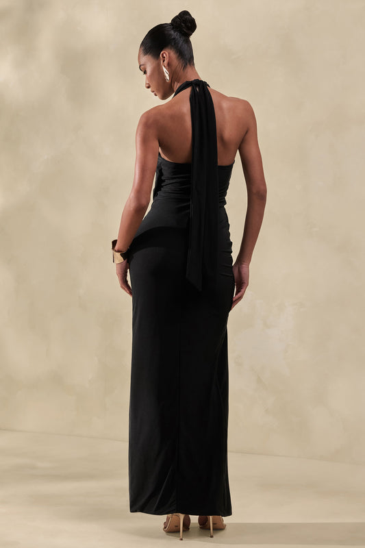 Junia | Vestido Largo Negro de Escote Pronunciado y Detalle Cruzado