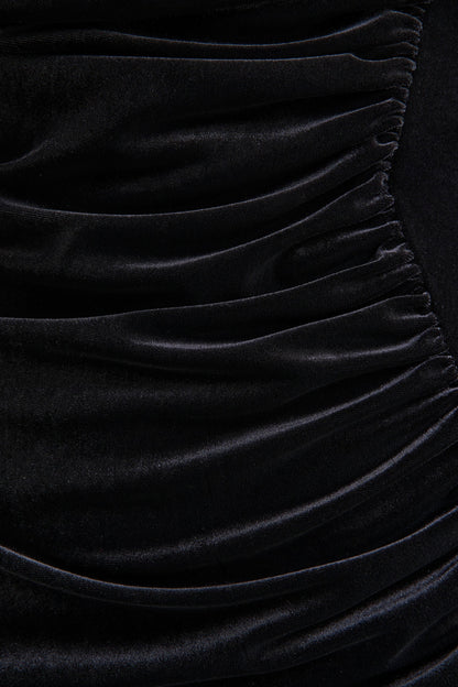 Jovita | Vestido Largo de Terciopelo Negro con Escote Redondo y Detalles Fruncidos