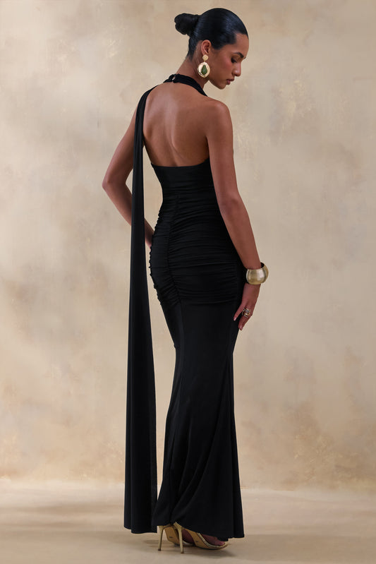 Roselani | Vestido Largo Negro Con Escote Halter Y Espalda Descubierta