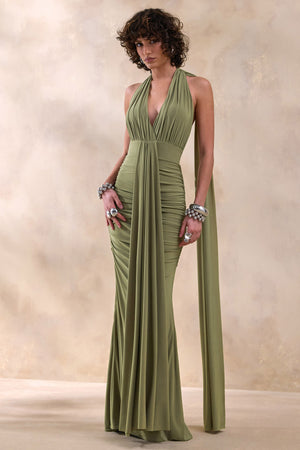 Roselani | Vestido Largo Verde Oliva de Cuello Halter con Espalda Descubierta