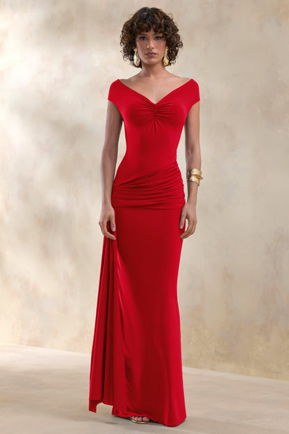 Petronia | Vestido Largo Rojo con Escote en V y Detalle Cruzado