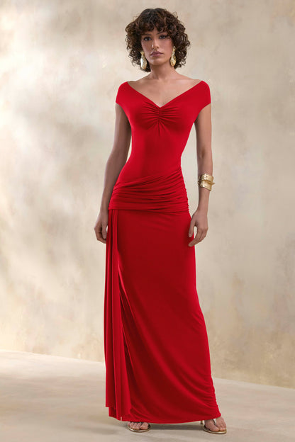 Petronia | Vestido Largo Rojo con Escote en V y Detalle Cruzado