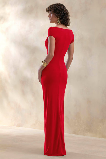 Petronia | Vestido Largo Rojo con Escote en V y Detalle Cruzado