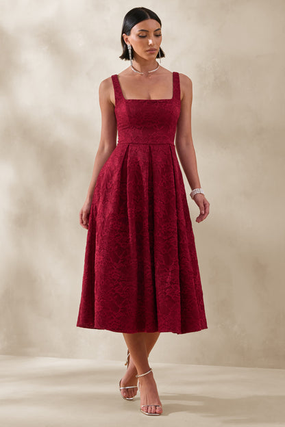 Ashmara | Vestido Midi de Encaje Color Burdeos con Cuello Cuadrado