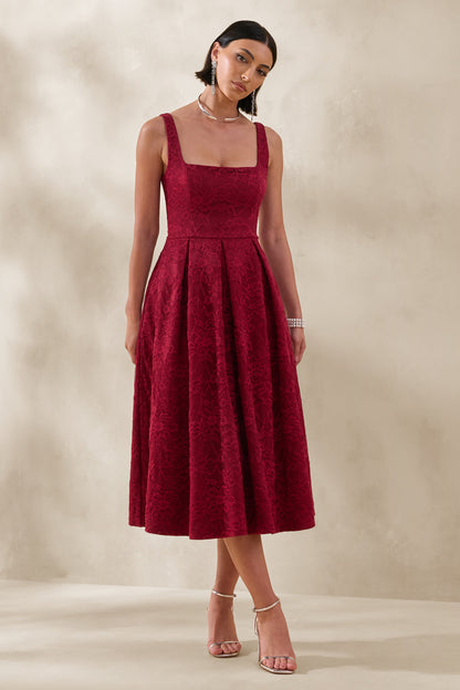 Ashmara | Vestido Midi de Encaje Color Burdeos con Cuello Cuadrado