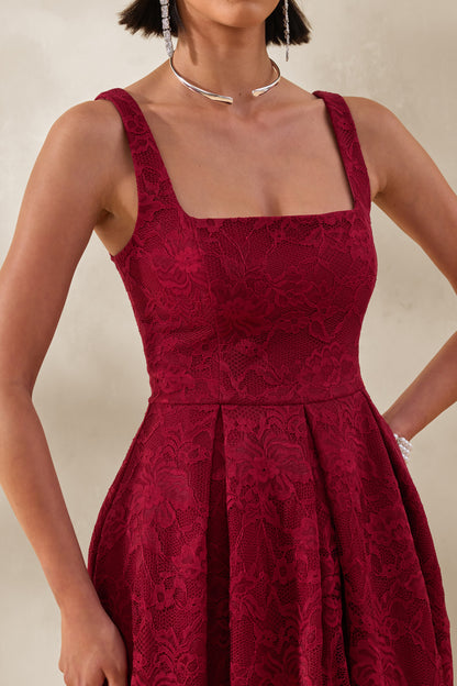 Ashmara | Vestido Midi de Encaje Color Burdeos con Cuello Cuadrado